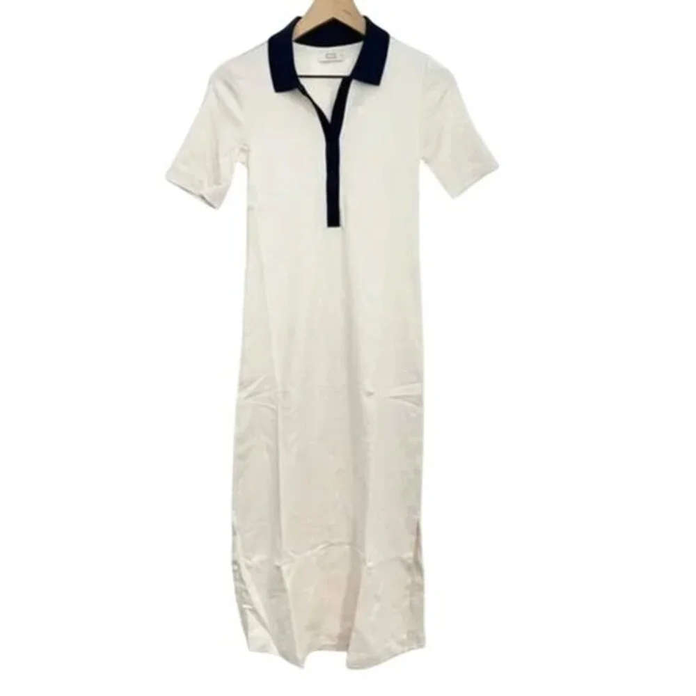 NWT AYR The Scout Dress Seashell Cream Navy Blue Midi Collar Pima Cotton XS S - Picture 3 of 6